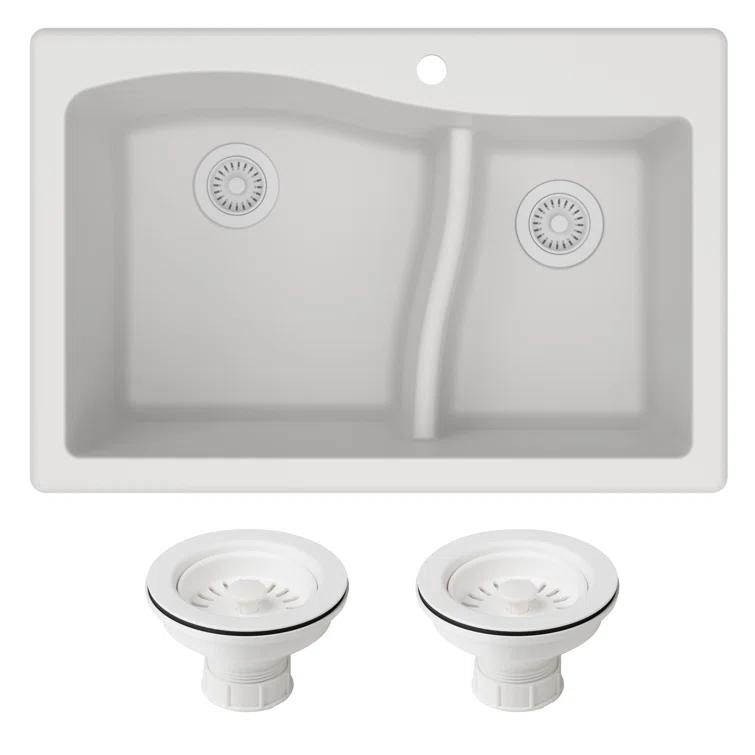 Kraus KRAUS Quarza™ 33" L Dual Mount 60/40 Double Bowl Granite Kitchen Sink and Strainers KGD-442WHITE-PST1-WH
