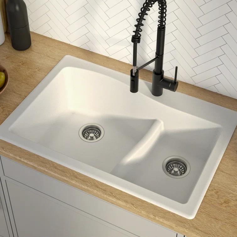 Kraus KRAUS Quarza™ 33" L Dual Mount 60/40 Double Bowl Granite Kitchen Sink and Strainers KGD-442WHITE-PST1-WH