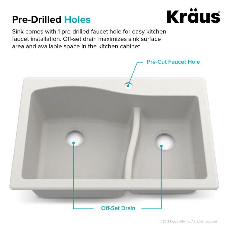 Kraus KRAUS Quarza™ 33" L Dual Mount 60/40 Double Bowl Granite Kitchen Sink and Strainers KGD-442WHITE-PST1-WH