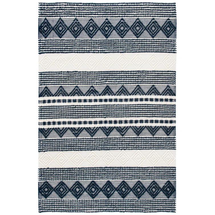 Southwestern Hand Woven Wool/Cotton Southwestern Rug in Dark Navy/Ivory