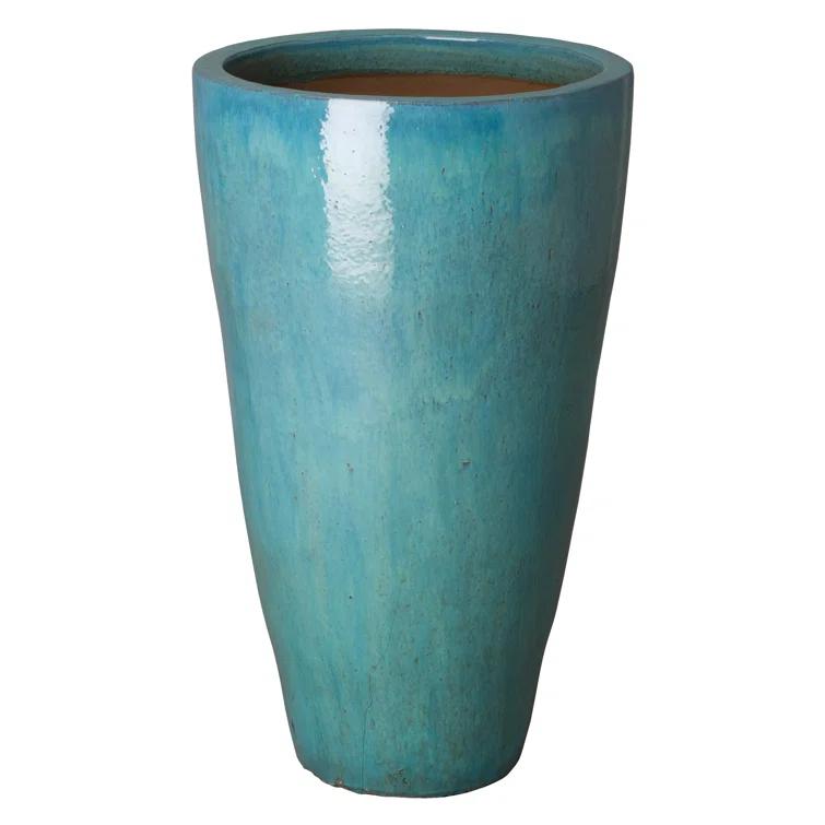 Tall 24 in. D x 40 in. H Teal Ceramic Round Planter with Drainage Hole