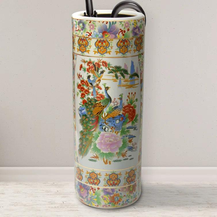 24" Satsuma Birds & Flowers Porcelain Umbrella Stand