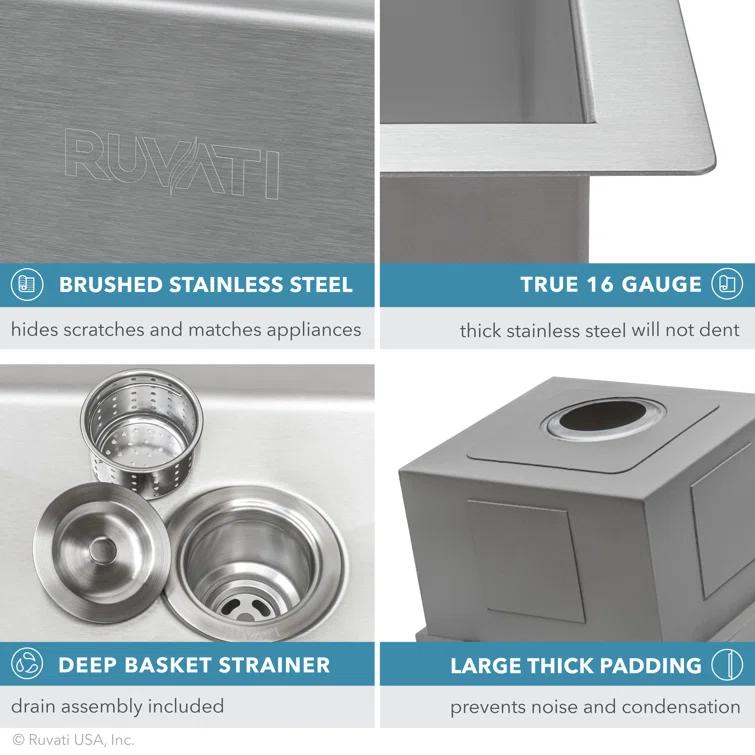 Ruvati Workstation Drop-in Topmount Bar Prep RV Sink 16 Gauge Stainless Steel
