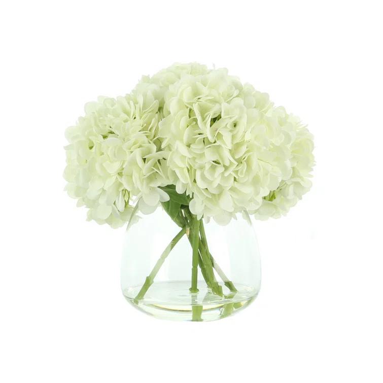 White Polysilk Hydrangea Bouquet in Glass Vase