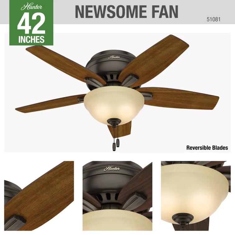 Hunter Fan Newsome 42" 5 - Blade Traditional Flush Mount Indoor Ceiling Fan with Lights and Pull Chains