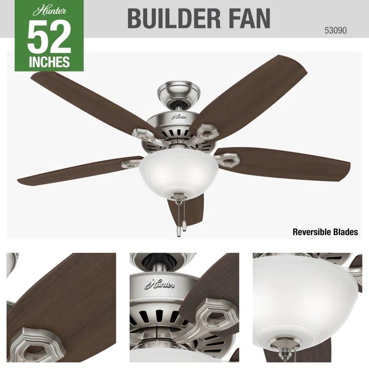 52" Builder Deluxe 5 - Blade Standard Ceiling Fan with Pull Chain and Light Kit Included
