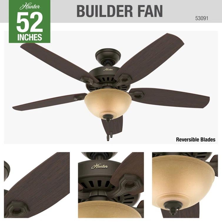 52" Builder Deluxe 5 - Blade Standard Ceiling Fan with Pull Chain and Light Kit Included