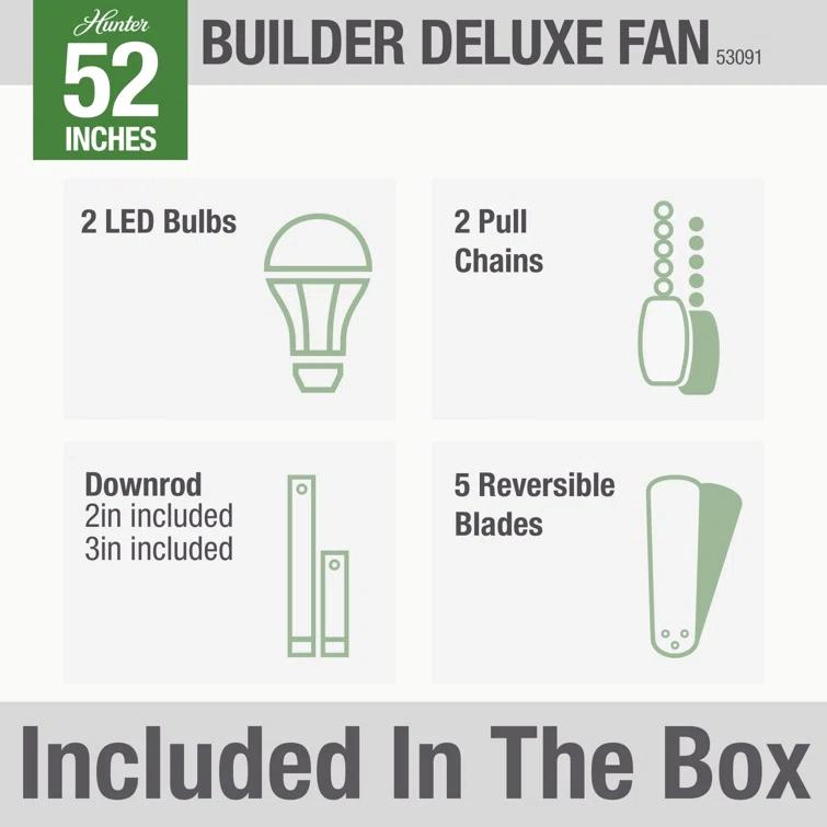 52" Builder Deluxe 5 - Blade Standard Ceiling Fan with Pull Chain and Light Kit Included