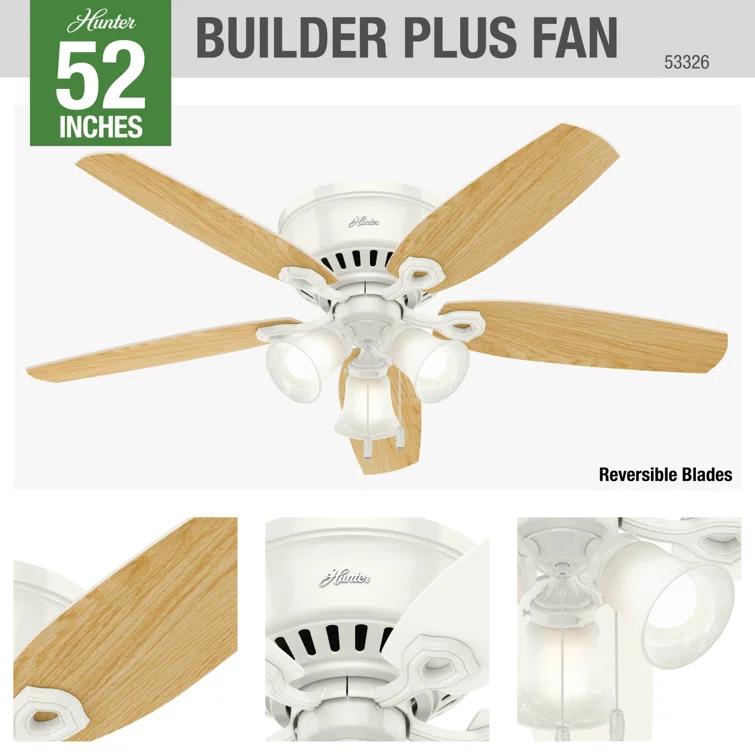 Builder Low Profile 52" 5 - Blade Flush Mount Ceiling Fan with Lights and Pull Chains