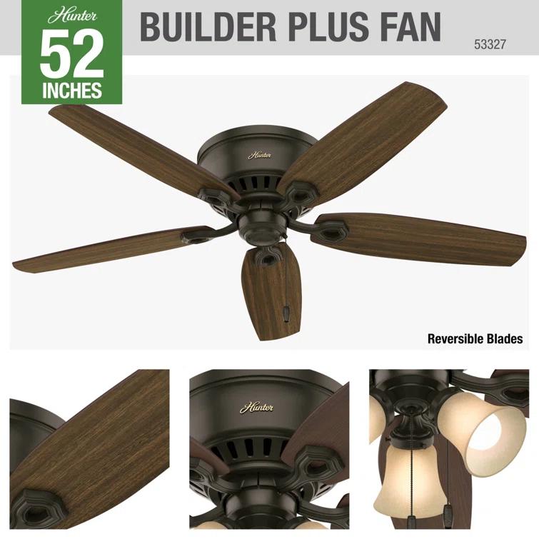 Builder Low Profile 52" 5 - Blade Flush Mount Ceiling Fan with Lights and Pull Chains