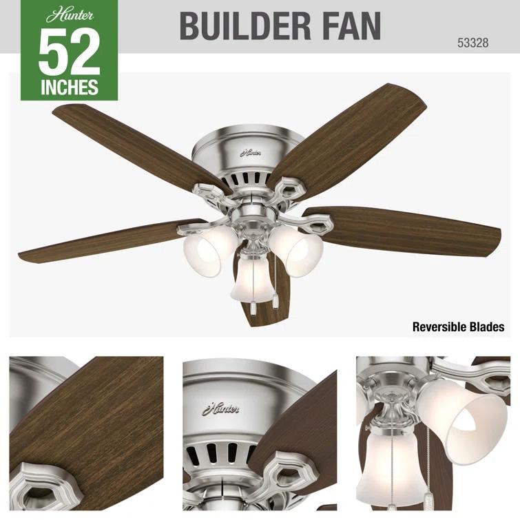 Builder Low Profile 52" 5 - Blade Flush Mount Ceiling Fan with Lights and Pull Chains