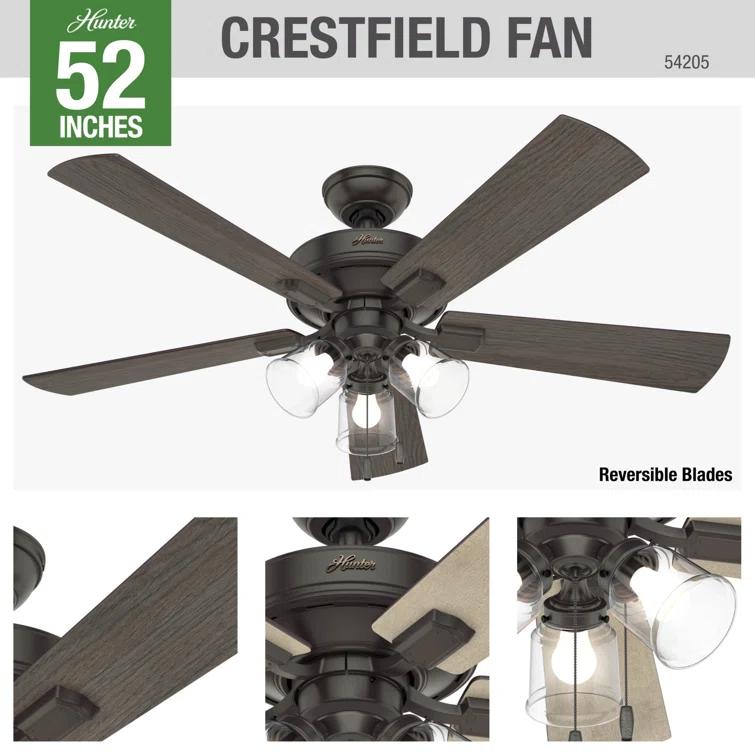Hunter Fan 52" Crestfield 5 - Blade Modern Farmhouse Indoor Ceiling Fan with Light and Pull Chains