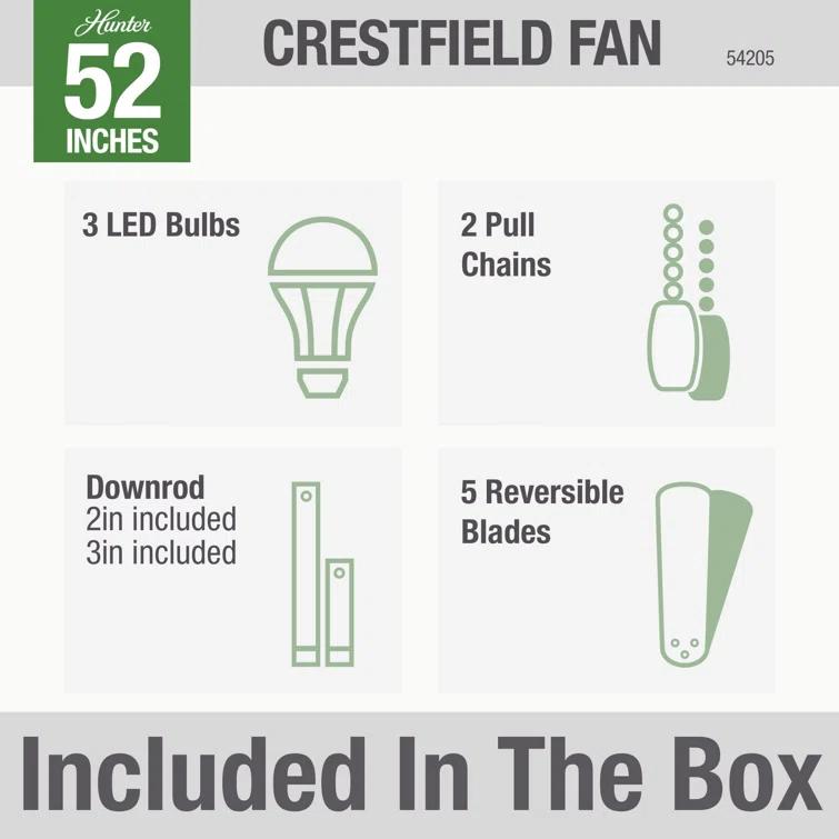 Hunter Fan 52" Crestfield 5 - Blade Modern Farmhouse Indoor Ceiling Fan with Light and Pull Chains