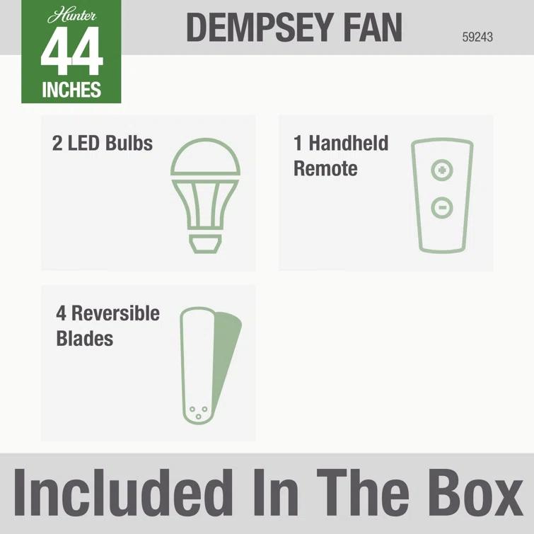 Dempsey Low Profile 44" 4 - Blade Indoor Flush Mount Small Room Ceiling Fan with Lights and Remote