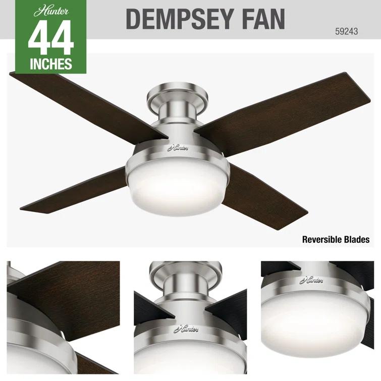 Dempsey Low Profile 44" 4 - Blade Indoor Flush Mount Small Room Ceiling Fan with Lights and Remote