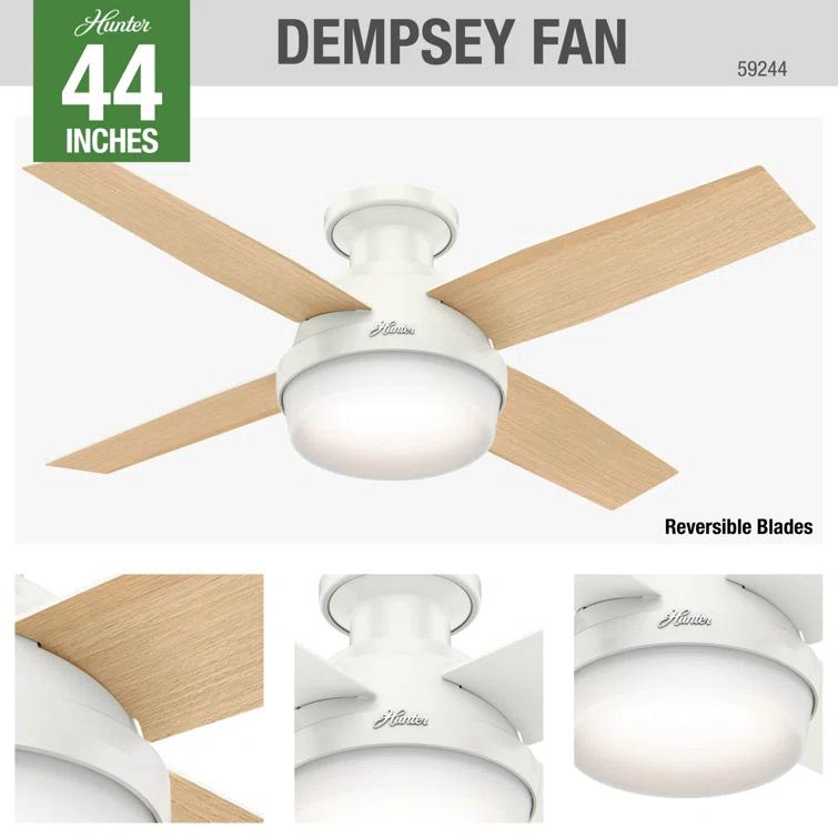 Dempsey Low Profile 44" 4 - Blade Indoor Flush Mount Small Room Ceiling Fan with Lights and Remote