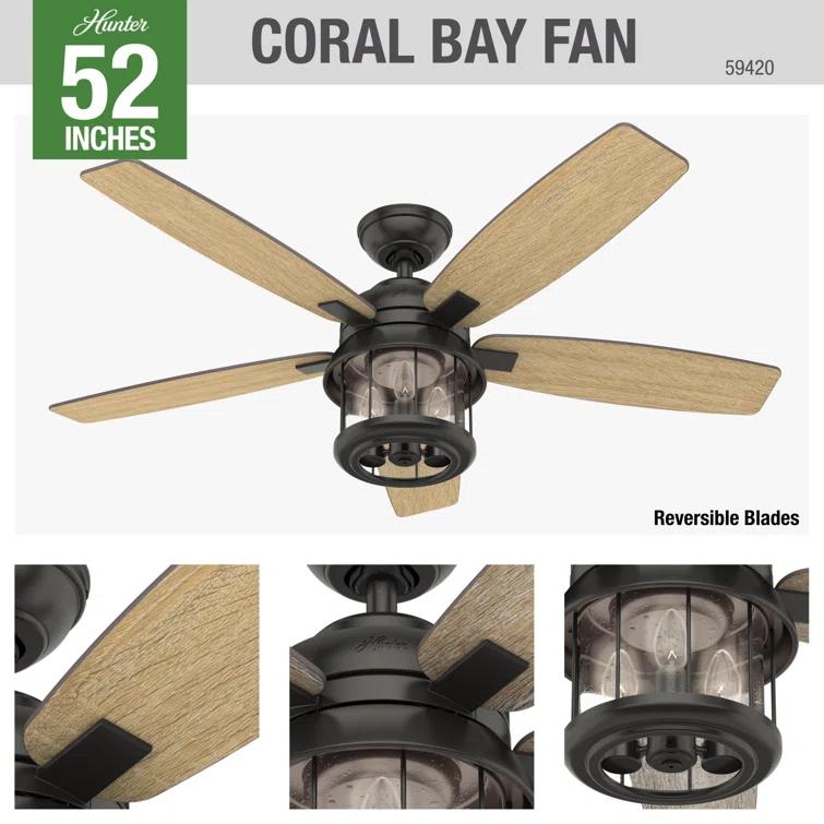 Hunter Fan 52" Coral Bay 5 - Blade Outdoor Standard Ceiling Fan with Remote Control and Light Kit Included