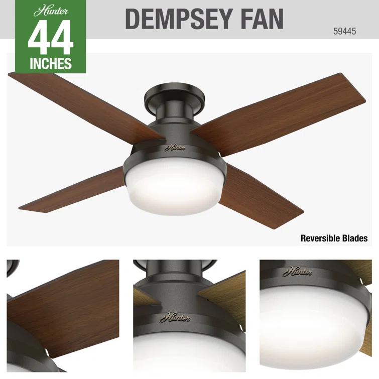 Hunter Fan Dempsey Low Profile 44" 4 - Blade Indoor Flush Mount Small Room Ceiling Fan with Lights and Remote