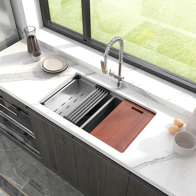 Sinber 33" Undermount Double Bowl Workstation Kitchen Sink with 304 Stainless Steel
