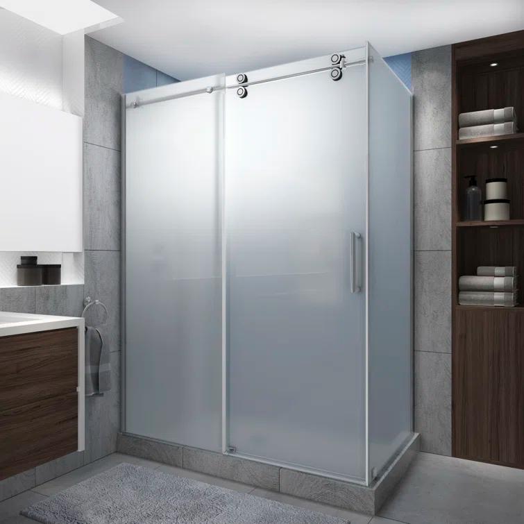 Langham XL 68" - 72" W x 32" D x 80" H Frameless Rectangle Sliding Shower Enclosure, Frosted Glass