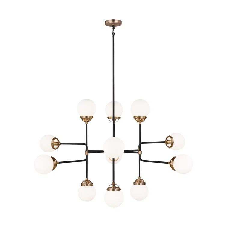 Cafe 12-Light Satin Brass Industrial Hanging Chandelier with Etched/White Inside Glass Shades