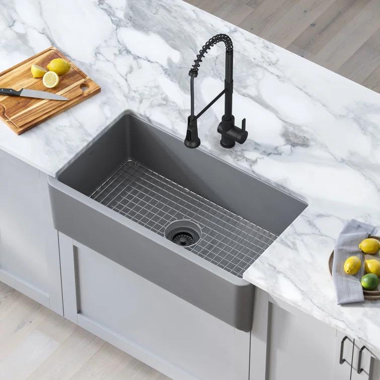 KRAUS Turino™ Reversible 33-inch L Fireclay Farmhouse Flat Apron Front Single Bowl Kitchen Sink with Bottom Grid