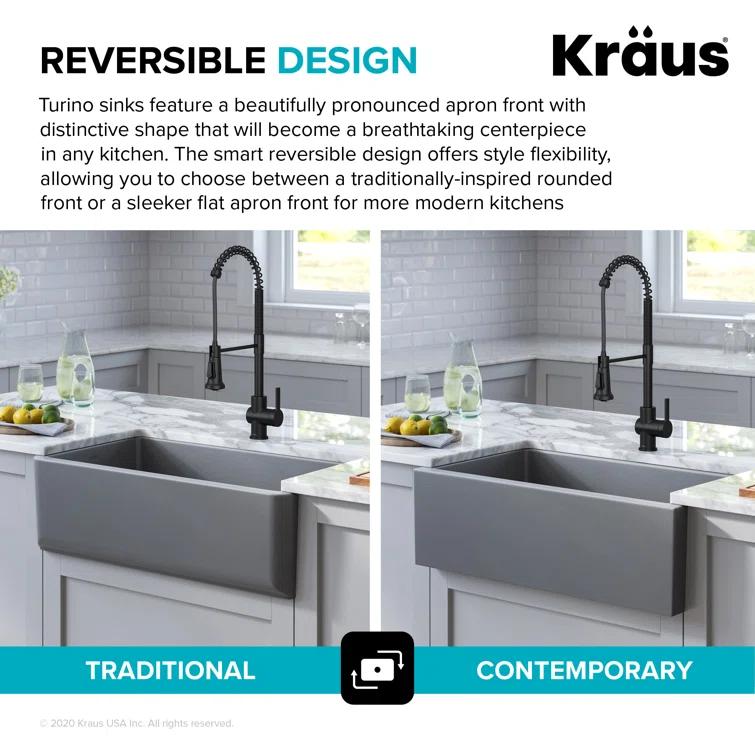KRAUS Turino™ 33" L Farmhouse Reversible Apron Front Fireclay Single Bowl Kitchen Sink