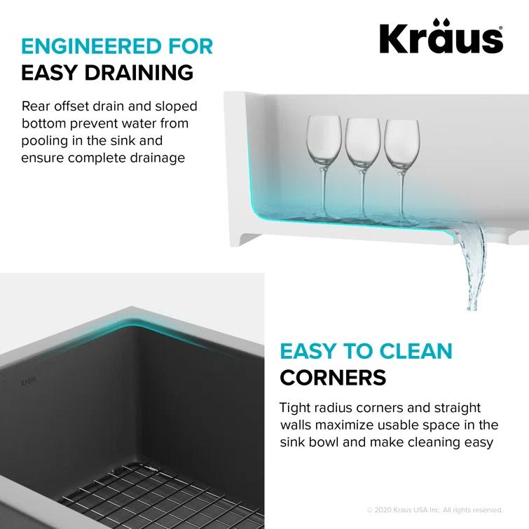 KRAUS Turino™ Reversible 33-inch L Fireclay Farmhouse Flat Apron Front Single Bowl Kitchen Sink with Bottom Grid