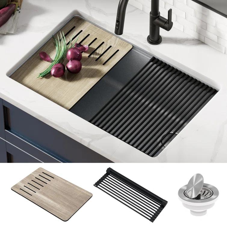 29 in. KRAUS Bellucci Workstation Undermount Granite Composite Single Bowl Kitchen Sink with Accessories