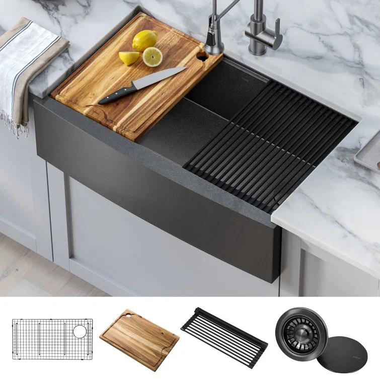 KRAUS Kore™ Workstation 33" L Farmhouse Apron Front 16 Gauge Black Stainless Steel Single Bowl Kitchen Sink