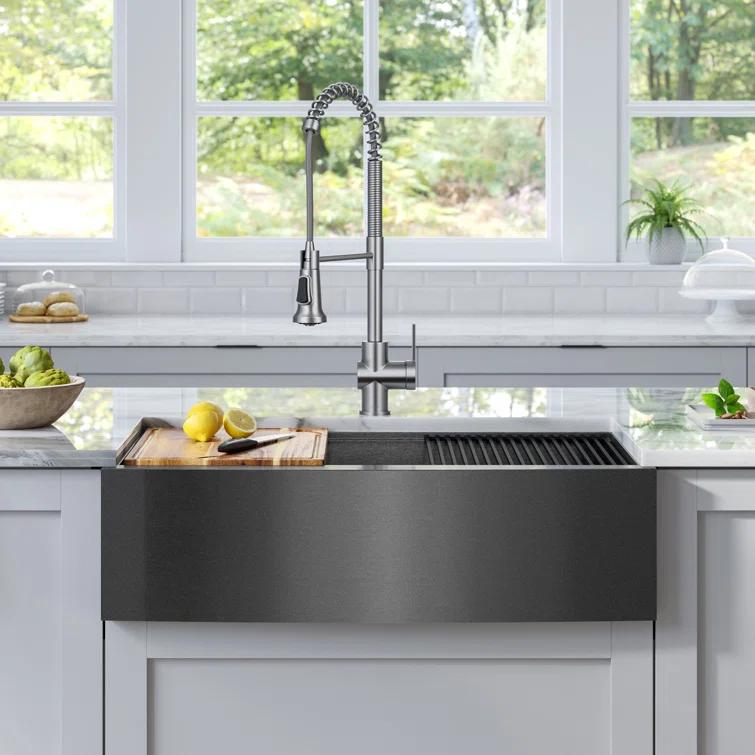 KRAUS Kore™ Workstation 33" L Farmhouse Apron Front 16 Gauge Black Stainless Steel Single Bowl Kitchen Sink