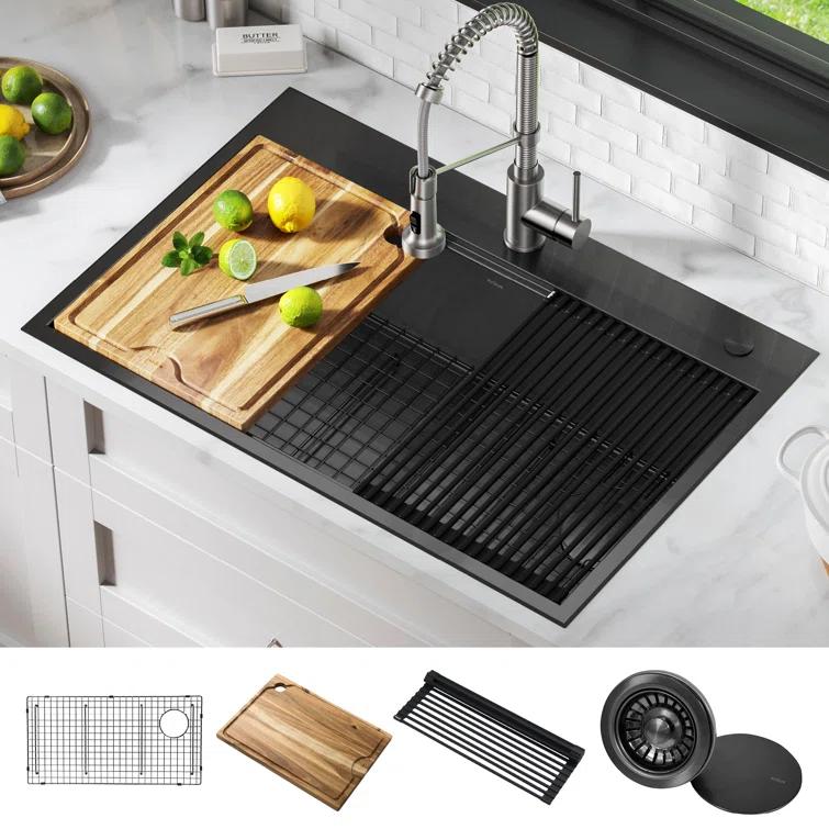 KRAUS Kore™ Workstation 33" L Top Mount Drop-In 16 Gauge Black Stainless Steel Single Bowl Kitchen Sink