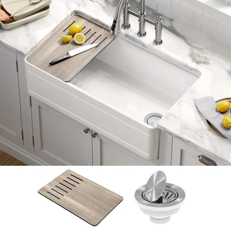 KRAUS Turino™ Workstation 33" L Farmhouse Reversible Apron Front Fireclay Single Bowl Kitchen Sink