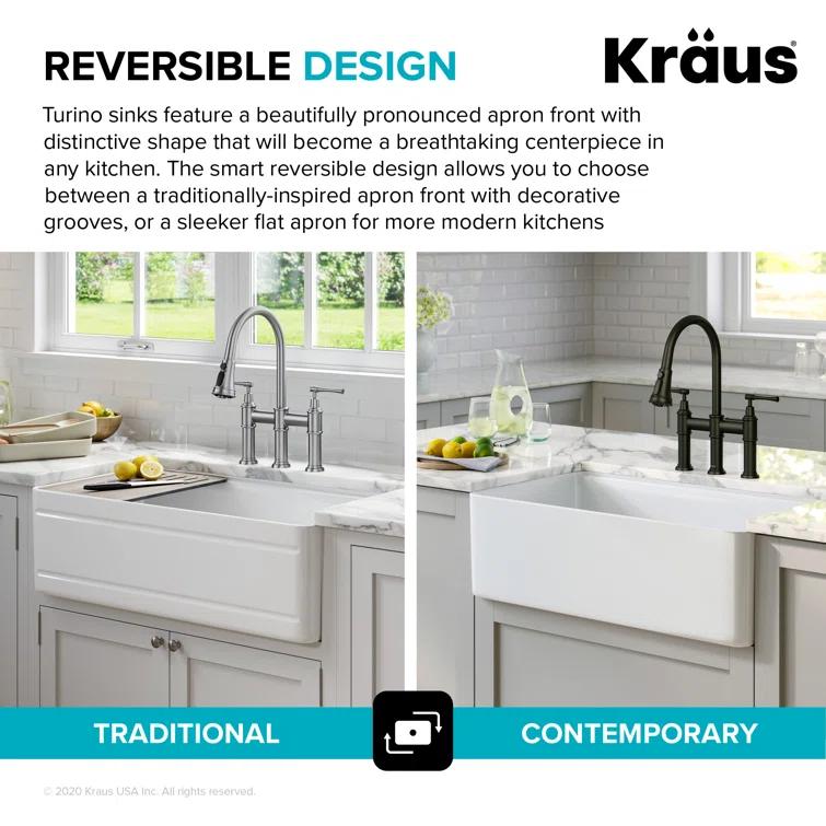 KRAUS Turino™ Workstation 33" L Farmhouse Reversible Apron Front Fireclay Single Bowl Kitchen Sink