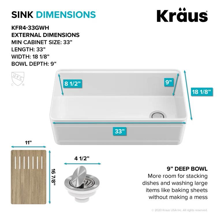 KRAUS Turino™ Workstation 33" L Farmhouse Reversible Apron Front Fireclay Single Bowl Kitchen Sink