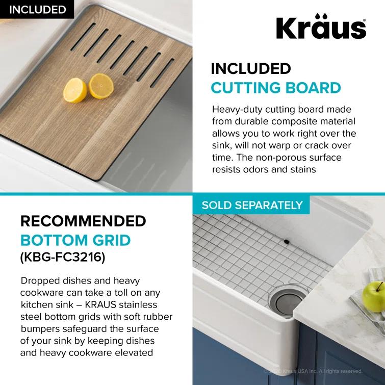 KRAUS Turino™ Workstation 33" L Farmhouse Reversible Apron Front Fireclay Single Bowl Kitchen Sink