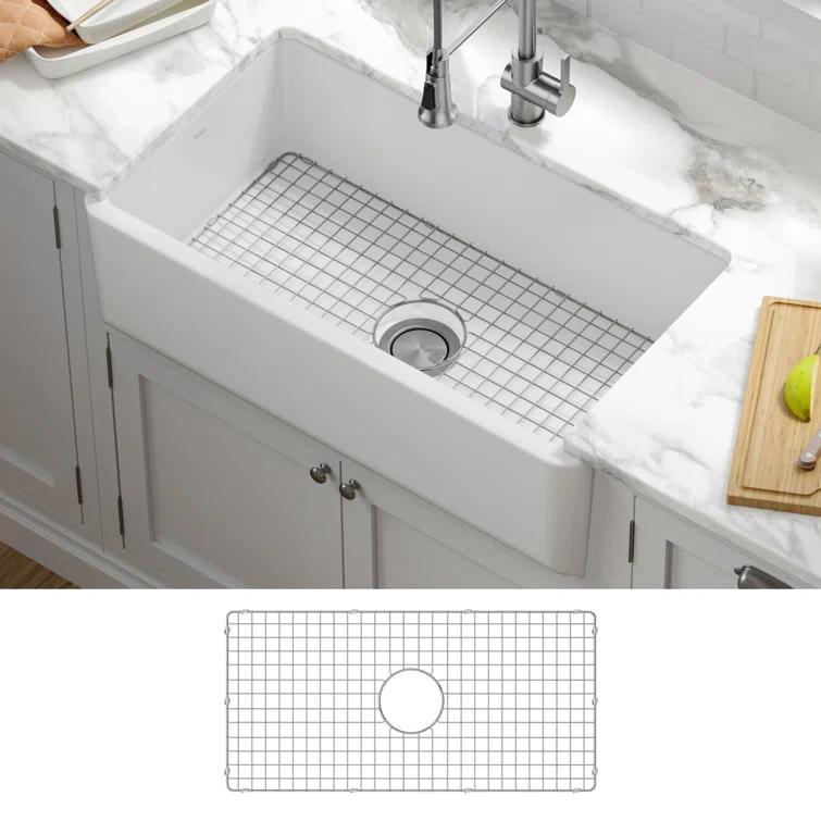 KRAUS Turino™ Reversible 33-inch L Fireclay Farmhouse Flat Apron Front Single Bowl Kitchen Sink with Bottom Grid