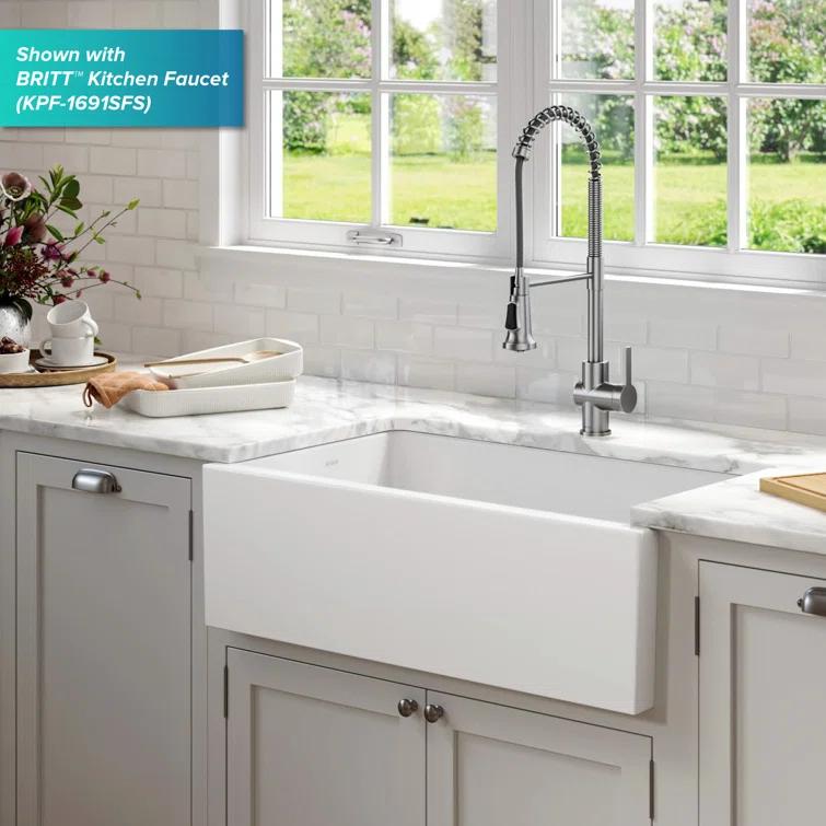 KRAUS Turino™ Reversible 33-inch L Fireclay Farmhouse Flat Apron Front Single Bowl Kitchen Sink with Bottom Grid