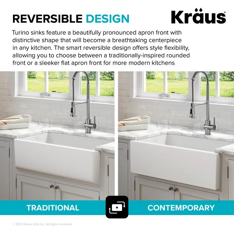 KRAUS Turino™ Reversible 33-inch L Fireclay Farmhouse Flat Apron Front Single Bowl Kitchen Sink with Bottom Grid