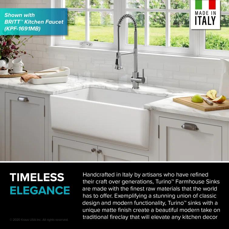 KRAUS Turino™ Reversible 33-inch L Fireclay Farmhouse Flat Apron Front Single Bowl Kitchen Sink with Bottom Grid