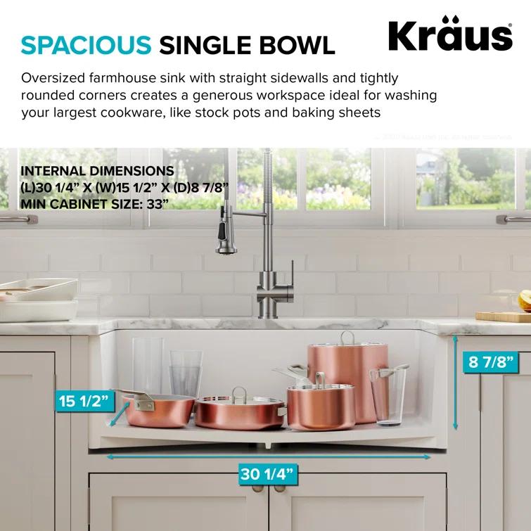 KRAUS Turino™ 33" L Farmhouse Reversible Apron Front Fireclay Single Bowl Kitchen Sink