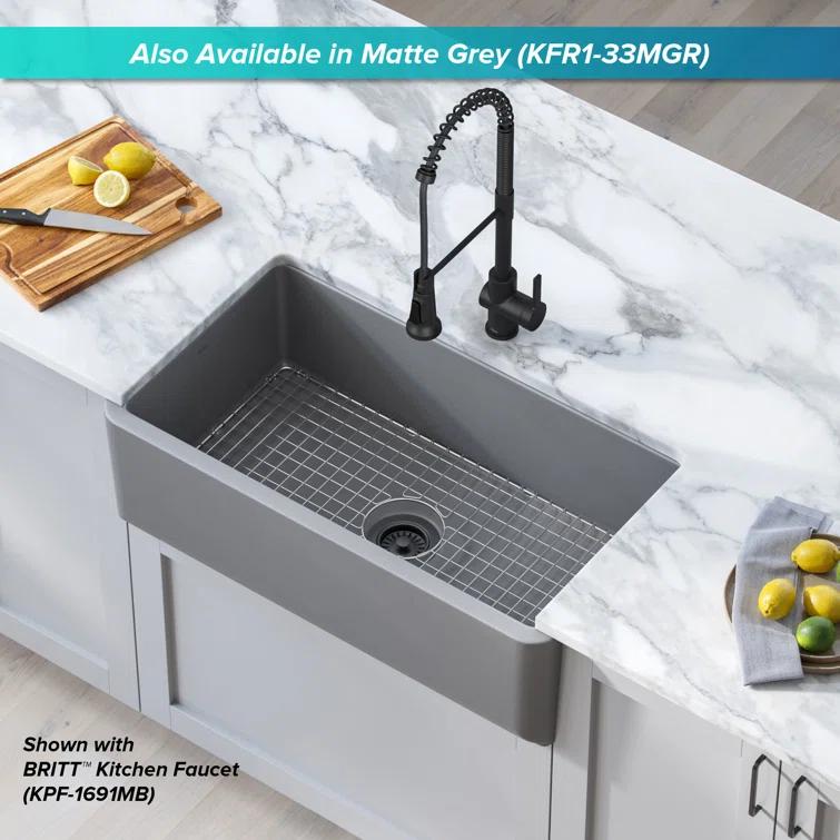 KRAUS Turino™ Reversible 33-inch L Fireclay Farmhouse Flat Apron Front Single Bowl Kitchen Sink with Bottom Grid