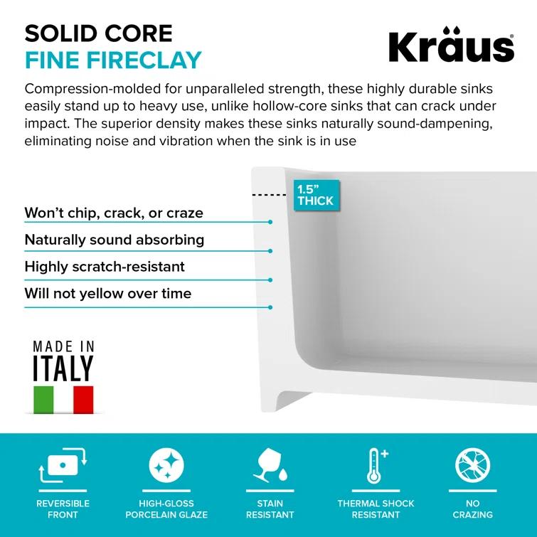 KRAUS Turino™ Reversible 33-inch L Fireclay Farmhouse Flat Apron Front Single Bowl Kitchen Sink with Bottom Grid