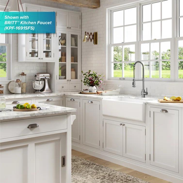 KRAUS Turino™ Reversible 33-inch L Fireclay Farmhouse Flat Apron Front Single Bowl Kitchen Sink with Bottom Grid