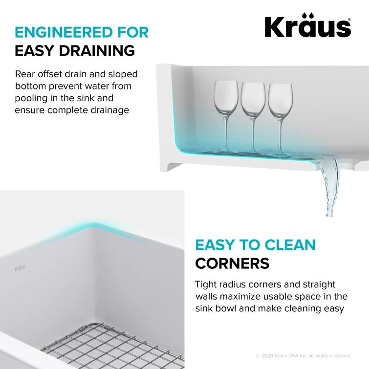 KRAUS Turino™ Reversible 33-inch L Fireclay Farmhouse Flat Apron Front Single Bowl Kitchen Sink with Bottom Grid