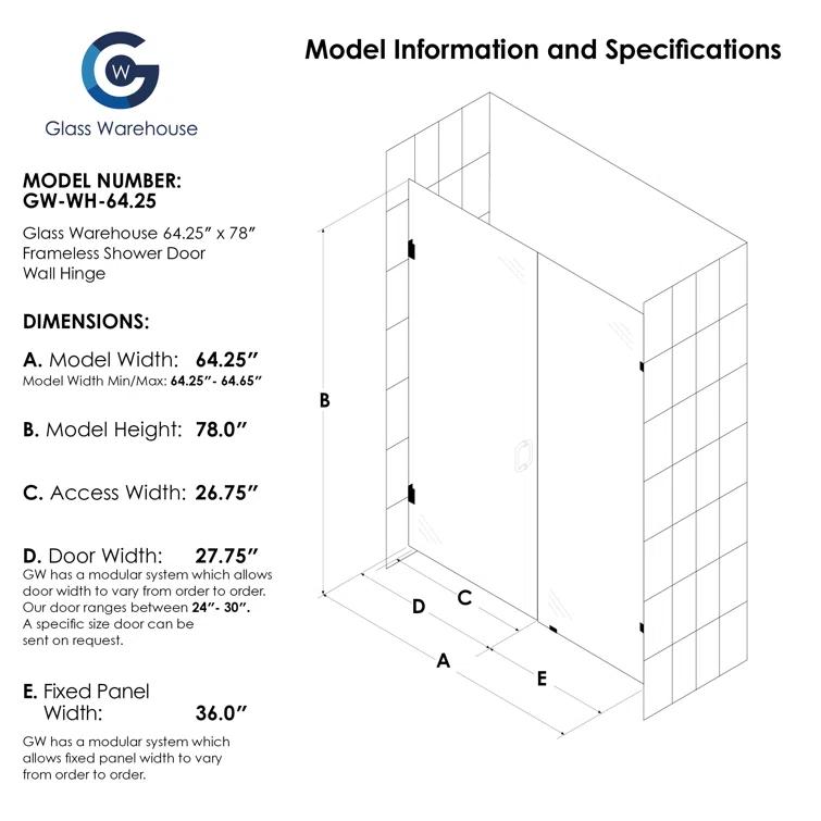 Illume 64.25 in. x 78 in. Fully Frameless Wall Hinge Shower Door