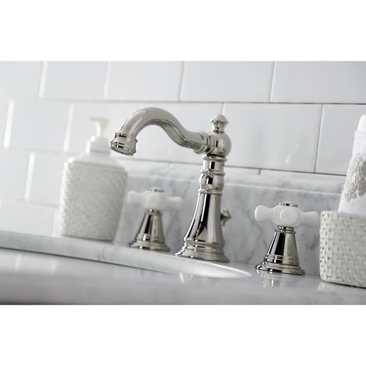 Kingston Brass American Classic Two-Handle 3-Hole Deck Mount Widespread Bathroom Faucet with Pop-Up Drain