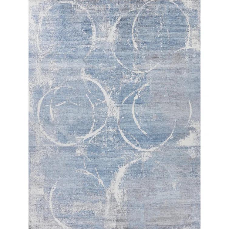 Exquisite Rugs Fine Pure Silk Handmade Hand Knotted Silk Blue/Gray/Ivory Area Rug