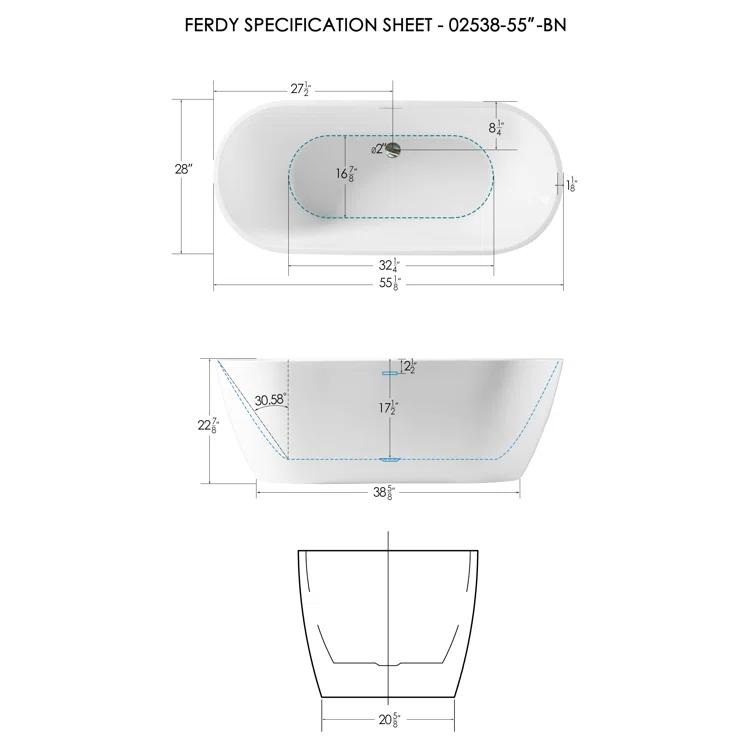 FerdY FerdY-02538-1400-BN Bali Freestanding Soaking Acrylic Bathtub with Brushed Nickel Drain