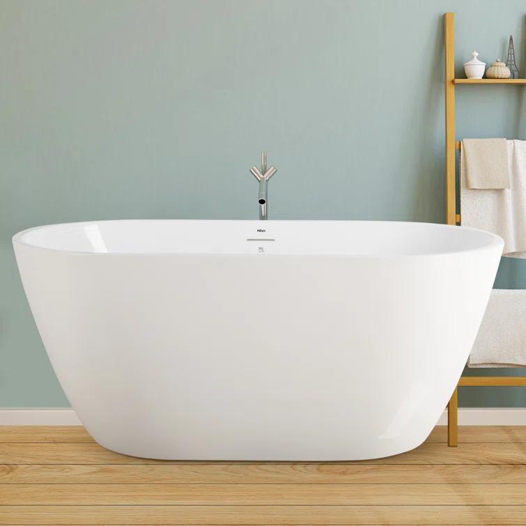 FerdY FerdY-02538-1400-BN Bali Freestanding Soaking Acrylic Bathtub with Brushed Nickel Drain